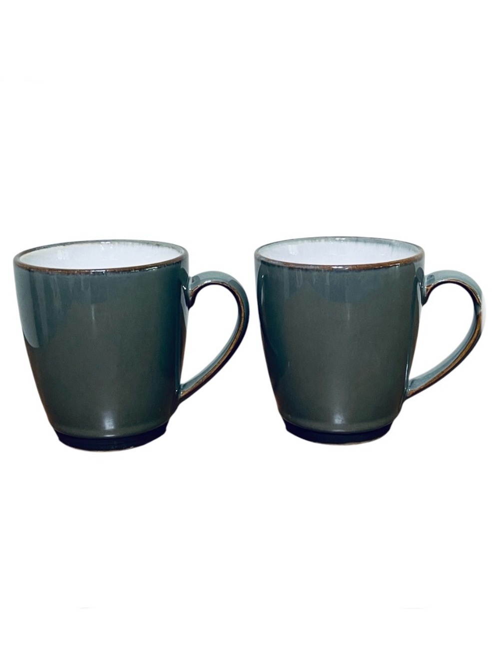 Sango Avocado Green Coffee Cups Brown Trim Stoneware Rustic Cabin Set of 2